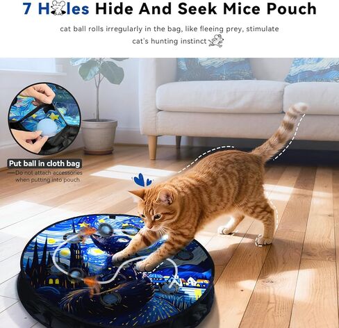 Interactive Cat Toy with Motion Activated Ball & 7-Hole Play Mat, Hide and Seek Exercise Game for Indoor Cats, Automatic Moving Cat Ball in Pouch, Rechargeable Kitten Toys in Kuwait