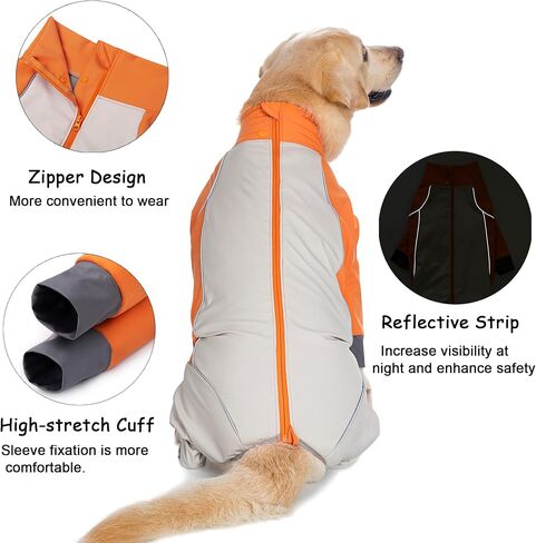 Dog Full Body Winter Coat, Waterproof Fleece Jacket for Small Medium Large Dogs Reflective Snowsuit with Zipper for Outdoor Skating (Orange, 4XL(Weight 50-70 lbs)) in Saudi Arabia