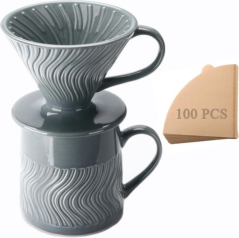 Pour Over Coffee Maker with 100 Sheets of V60 Paper Filter, 15 oz Ceramic Coffee Mug & Coffee Dripper, 1 Cup-Single brew coffee set, Grey in Kuwait