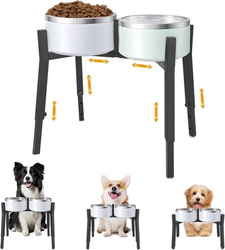 Dog Bowl Stand Elevated, Raised Pet Food & Water Riser for 6.7-10.6" Wide Bowls, Metal Dog Bowl Holder for Small Medium Large Dogs, 2-in-1 Design, Adjusts to 9.8", 11.8", 13.4" Tall(Stand Only) in Kuwait