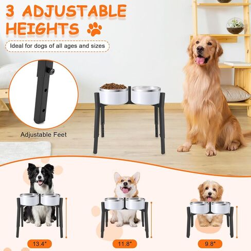 Dog Bowl Stand Elevated, Raised Pet Food & Water Riser for 6.7-10.6" Wide Bowls, Metal Dog Bowl Holder for Small Medium Large Dogs, 2-in-1 Design, Adjusts to 9.8", 11.8", 13.4" Tall(Stand Only) in Kuwait
