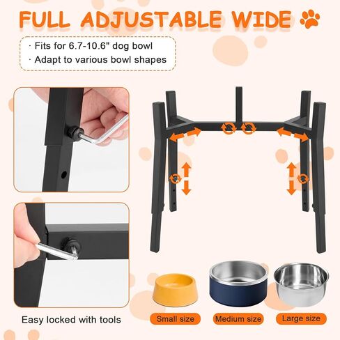 Dog Bowl Stand Elevated, Raised Pet Food & Water Riser for 6.7-10.6" Wide Bowls, Metal Dog Bowl Holder for Small Medium Large Dogs, 2-in-1 Design, Adjusts to 9.8", 11.8", 13.4" Tall(Stand Only) in Kuwait
