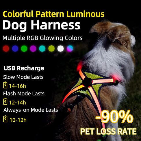 سرج مضيء للكلاب من النوع C قابل لإعادة الشحن مزود بإضاءة LED مع وضع إضاءة متعدد الألوان RGB وبطارية 500 مللي أمبير في الساعة، وتوهج مرئي مقاوم للماء 500 متر في الظلام سترة أمان للمشي ليلاً، وتجنب الحوادث L in Kuwait