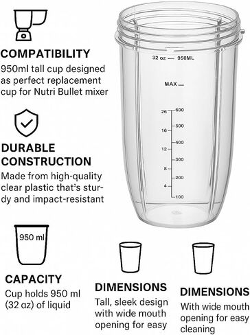 كوب بديل ووندر ستار 32oz لـ NutriBullet 600W و900W | وعاء خلاط متوافق (عبوة من 2) | بولي كربونات خالية من مادة BPA، 4 خطوط للإمساك، تصميم متين ومضاد للتسرب in Kuwait