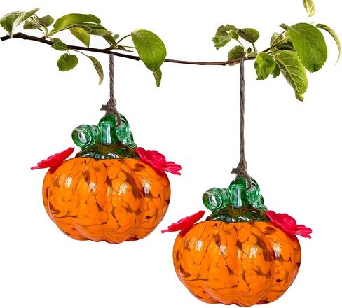 Small Glass Hummingbird Feeders for Outdoors Hanging + Rain Cover - Hand Blown Glass Pumpkin Nectar Feeding, 2 Flowers Feeding Ports, Decor for Garden/Backyard Outside, Multi Color in Kuwait