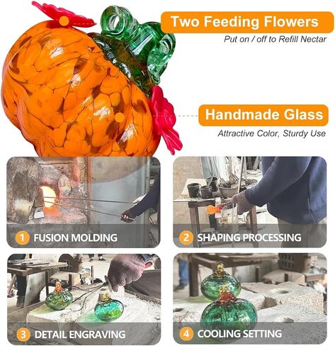 Small Glass Hummingbird Feeders for Outdoors Hanging + Rain Cover - Hand Blown Glass Pumpkin Nectar Feeding, 2 Flowers Feeding Ports, Decor for Garden/Backyard Outside, Multi Color in Kuwait
