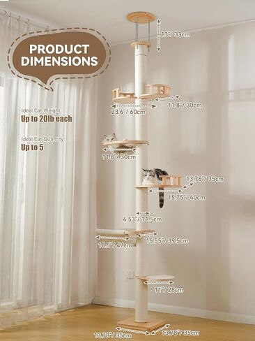 شجرة قطط من الأرض إلى السقف، ارتفاع 5 طبقات قابل للتعديل (88-126 بوصة) برج تسلق من الخشب الصلب مع عمود خدش من السيزال، كبسولة شفافة وأرجوحة مريحة in Kuwait