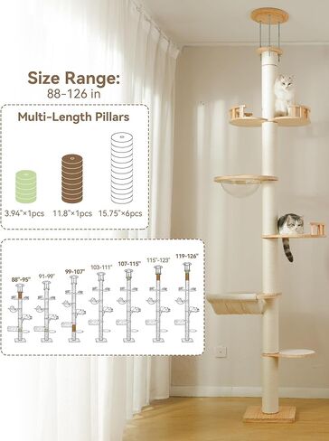شجرة قطط من الأرض إلى السقف، ارتفاع 5 طبقات قابل للتعديل (88-126 بوصة) برج تسلق من الخشب الصلب مع عمود خدش من السيزال، كبسولة شفافة وأرجوحة مريحة in Kuwait