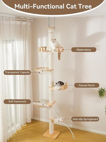 شجرة قطط من الأرض إلى السقف، ارتفاع 5 طبقات قابل للتعديل (88-126 بوصة) برج تسلق من الخشب الصلب مع عمود خدش من السيزال، كبسولة شفافة وأرجوحة مريحة in Kuwait