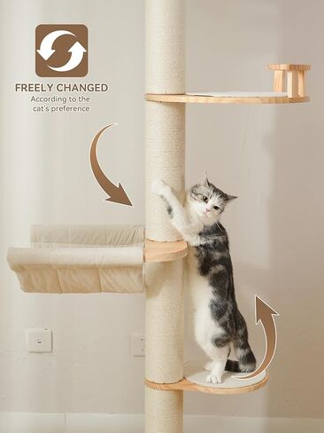 شجرة قطط من الأرض إلى السقف، ارتفاع 5 طبقات قابل للتعديل (88-126 بوصة) برج تسلق من الخشب الصلب مع عمود خدش من السيزال، كبسولة شفافة وأرجوحة مريحة in Kuwait