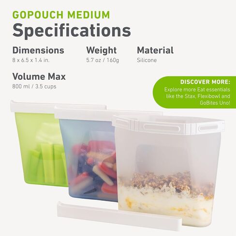 Humangear GoPouch - حاوية تخزين طعام مرنة، أكياس سريعة الغلق، قابلة لإعادة الاستخدام، حقيبة مقاومة للتسرب مع نظام إغلاق بقفل منزلق، شفافة، متوسطة in Saudi Arabia