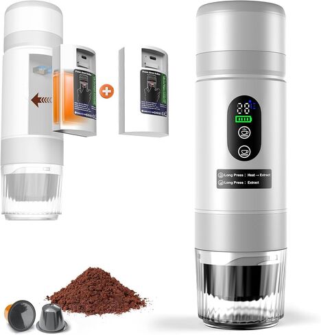 Portable Coffee Machine w/ 2 Rechargeable Batteries, 8 Cups, 80ml Self-Heating, 20bar, USB-C, Espresso coffee Maker for Camping Travel Office, Ground & Capsule Compatible in Saudi Arabia