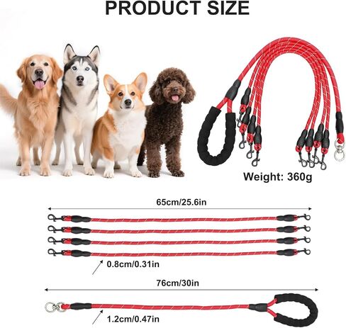 4 Way Dog Leashes,No Tangle Medium Small Dog Walking Leash,Nylon Pet Leash for 1 to 4 Dogs Outdoor Walking (Black) in Kuwait
