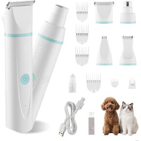 VEVOR Dog Clippers for Grooming, 4 in 1 Dog Grooming Kit, Low Noise, Rechargeable Pet Shaver with 6 Combs & 4 Detachable Blades, Waterproof Cordless Pet Hair Trimmers Nail Grinder Set for Dogs Cats in Kuwait