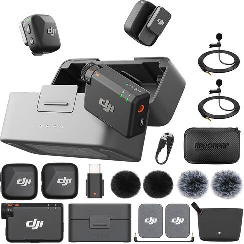 DJI Mic 2 (2 TX + 1 RX + حقيبة شحن) ميكروفون لاسلكي الكل في واحد مع بطاقة ذاكرة microSDXC سعة 128 جيجابايت من Lexar، وحافظة صلبة Deco Gear 7 بوصات وحزمة حماية معززة لمدة عامين CPS in Saudi Arabia
