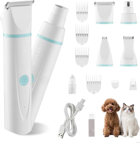 VEVOR Dog Clippers for Grooming, 4 in 1 Dog Grooming Kit, Low Noise, Rechargeable Pet Shaver with 6 Combs & 4 Detachable Blades, Waterproof Cordless Pet Hair Trimmers Nail Grinder Set for Dogs Cats in Kuwait
