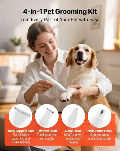 VEVOR Dog Clippers for Grooming, 4 in 1 Dog Grooming Kit, Low Noise, Rechargeable Pet Shaver with 6 Combs & 4 Detachable Blades, Waterproof Cordless Pet Hair Trimmers Nail Grinder Set for Dogs Cats in Kuwait