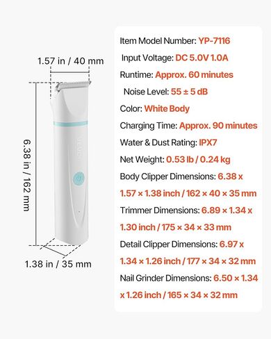 VEVOR Dog Clippers for Grooming, 4 in 1 Dog Grooming Kit, Low Noise, Rechargeable Pet Shaver with 6 Combs & 4 Detachable Blades, Waterproof Cordless Pet Hair Trimmers Nail Grinder Set for Dogs Cats in Kuwait