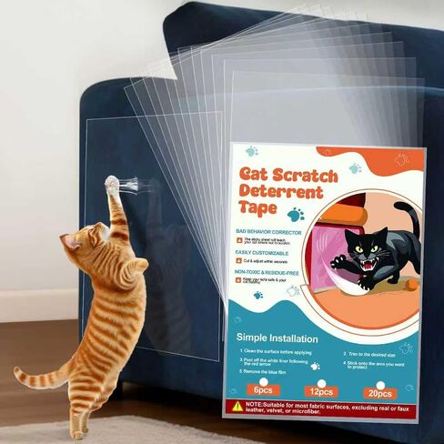 12 Pack Cat Scratch Furniture Protector – Double-Sided Sticky Deterrent Training Tape from Cat Claws, Clear Anti-Scratch Guard for Couch, Sofa, Doors, Easy Apply & Residue-Free, Not for Leather,Velvet in Kuwait