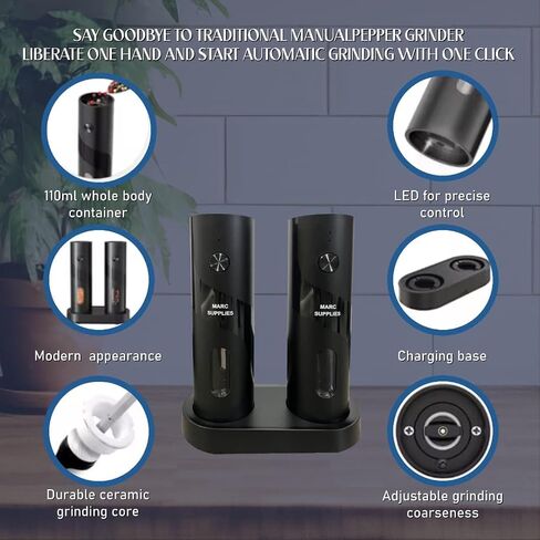 Electric Salt and Pepper Grinder Set, 2-Pack with Charging Base, LED Light, USB Rechargeable, Matte Black. in Saudi Arabia