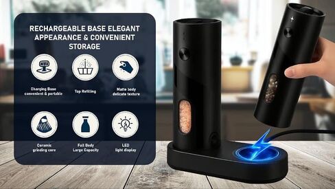 Electric Salt and Pepper Grinder Set, 2-Pack with Charging Base, LED Light, USB Rechargeable, Matte Black. in Saudi Arabia