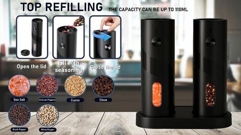 Electric Salt and Pepper Grinder Set, 2-Pack with Charging Base, LED Light, USB Rechargeable, Matte Black. in Saudi Arabia