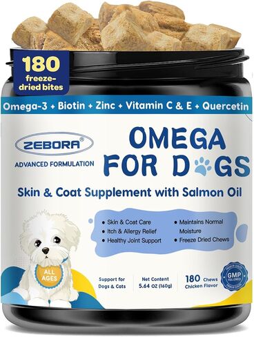 ZEBORA Salmon Oil for Dogs, Omega 3 Fish Oil for Dogs Skin and Coat with EPA & DHA, Zinc, Biotin, Quercetin, Vitamin C & E for Dog Allergy Relief, Hot Spot Treatment, Control Dog Shedding, 180 Chews in Kuwait