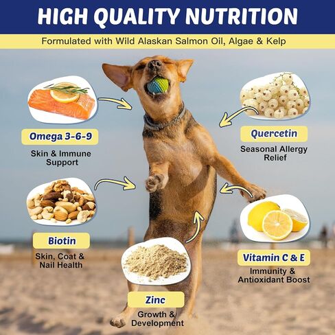 ZEBORA Salmon Oil for Dogs, Omega 3 Fish Oil for Dogs Skin and Coat with EPA & DHA, Zinc, Biotin, Quercetin, Vitamin C & E for Dog Allergy Relief, Hot Spot Treatment, Control Dog Shedding, 180 Chews in Kuwait