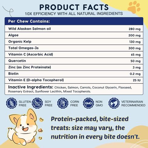 ZEBORA Salmon Oil for Dogs, Omega 3 Fish Oil for Dogs Skin and Coat with EPA & DHA, Zinc, Biotin, Quercetin, Vitamin C & E for Dog Allergy Relief, Hot Spot Treatment, Control Dog Shedding, 180 Chews in Kuwait