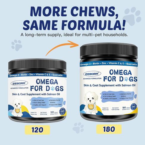 ZEBORA Salmon Oil for Dogs, Omega 3 Fish Oil for Dogs Skin and Coat with EPA & DHA, Zinc, Biotin, Quercetin, Vitamin C & E for Dog Allergy Relief, Hot Spot Treatment, Control Dog Shedding, 180 Chews in Kuwait