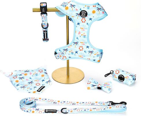 Dog Harness and Leash Collar Set with Dog Poop Bag Holder and Bandanas, Escape Proof Adjustable Puppy Cat Vest with Soft Mesh Padded, Pet Supplies for Small Medium Large Dogs Kitten(Blue Beach, M) in Kuwait