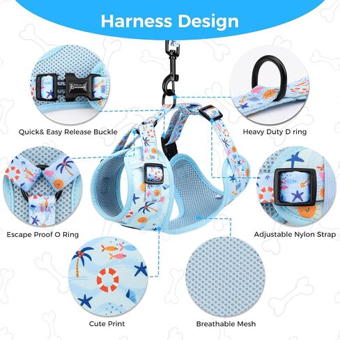 Dog Harness and Leash Collar Set with Dog Poop Bag Holder and Bandanas, Escape Proof Adjustable Puppy Cat Vest with Soft Mesh Padded, Pet Supplies for Small Medium Large Dogs Kitten(Blue Beach, M) in Kuwait