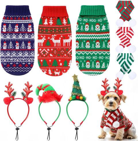 Reginary 9 Pack Dog Christmas Costume Xmas Sweaters Headband Scarf Set Christmas Dog Cat Sweaters Costume Winter Warm Small Dogs Clothes Adjustable Xmas Hair Hoop Headwear for Pet Accessories(M) in Saudi Arabia