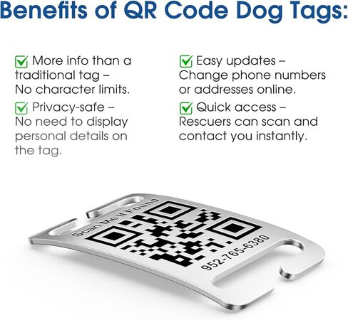 QR Code Dog Cat Pet Tags Laser Engraved Stainless Steel Ultra Durable- Real-Time Scan Alerts, No Subscription Fees, Polished Curved Rectangular Arch, Large for 1" Collars in Kuwait