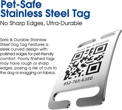 QR Code Dog Cat Pet Tags Laser Engraved Stainless Steel Ultra Durable- Real-Time Scan Alerts, No Subscription Fees, Polished Curved Rectangular Arch, Large for 1" Collars in Kuwait