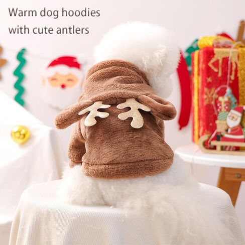 Reindeer Dog Costume Christmas Small Dog Hoodies with Antlers and Plush Ears Fleece Puppy Sweatshirt Winter Cat Clothes Cold Weather Coat Pet Santa Outfit (Brown, Large) in Kuwait