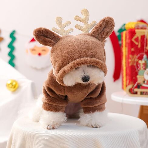 Reindeer Dog Costume Christmas Small Dog Hoodies with Antlers and Plush Ears Fleece Puppy Sweatshirt Winter Cat Clothes Cold Weather Coat Pet Santa Outfit (Brown, Large) in Kuwait