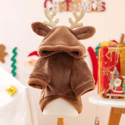 Reindeer Dog Costume Christmas Small Dog Hoodies with Antlers and Plush Ears Fleece Puppy Sweatshirt Winter Cat Clothes Cold Weather Coat Pet Santa Outfit (Brown, Large) in Kuwait