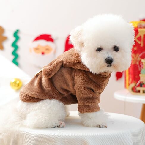 Reindeer Dog Costume Christmas Small Dog Hoodies with Antlers and Plush Ears Fleece Puppy Sweatshirt Winter Cat Clothes Cold Weather Coat Pet Santa Outfit (Brown, Large) in Kuwait