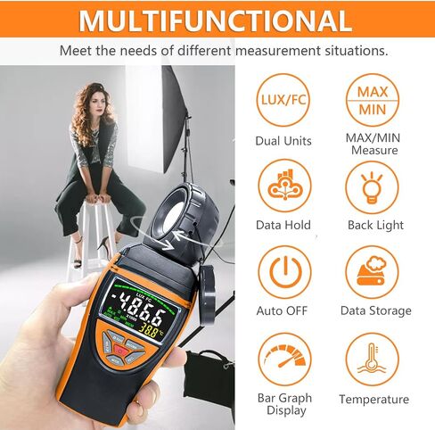 Digital Light Meter, 1-400000Lux Illuminance Meter with Large LCD Screen Handheld Ambient Temperature Measurer, Lumen Meter for Plants, Photography Lab, Classroom, Bedroom, HP-5000A, HOLDPEAK in Kuwait