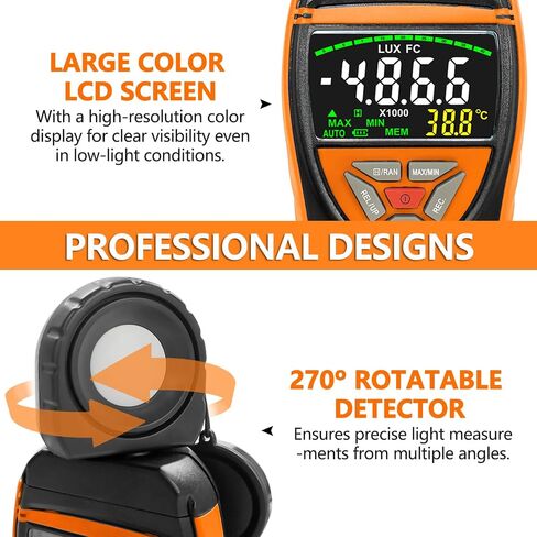 Digital Light Meter, 1-400000Lux Illuminance Meter with Large LCD Screen Handheld Ambient Temperature Measurer, Lumen Meter for Plants, Photography Lab, Classroom, Bedroom, HP-5000A, HOLDPEAK in Kuwait