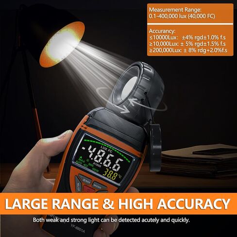 Digital Light Meter, 1-400000Lux Illuminance Meter with Large LCD Screen Handheld Ambient Temperature Measurer, Lumen Meter for Plants, Photography Lab, Classroom, Bedroom, HP-5000A, HOLDPEAK in Kuwait