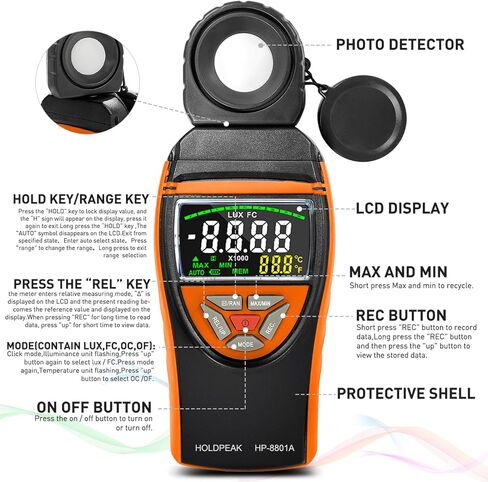 Digital Light Meter, 1-400000Lux Illuminance Meter with Large LCD Screen Handheld Ambient Temperature Measurer, Lumen Meter for Plants, Photography Lab, Classroom, Bedroom, HP-5000A, HOLDPEAK in Kuwait