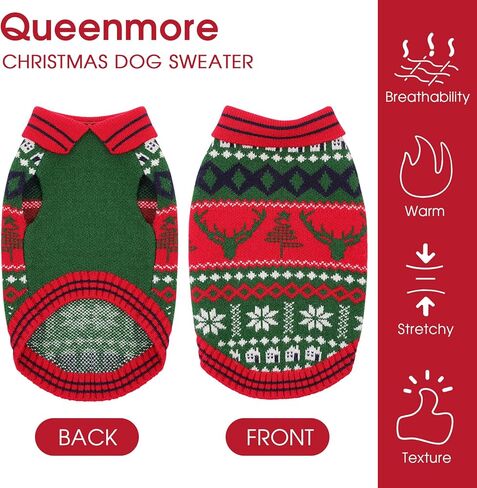Queenmore عيد الميلاد الكلب سترة، أنيق طية صدر السترة تصميم كلب صغير سترة، البلوزات الناعمة الكلاب للكلاب الصغيرة الذكور الإناث، ملابس الحيوانات الأليفة سميكة الدافئة، الرنة وندفة الثلج نمط الشتاء ملابس الحيوانات الأليفة، الأخضر، XS in Saudi Arabia