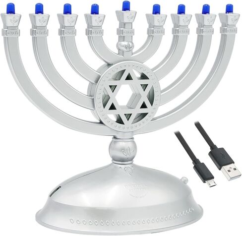 The Dreidel Company Mini Electric Menorah Traditional LED Travel Menora, Batteries or USB Powered, Micro USB 4' Cable Included (Blue) in Kuwait