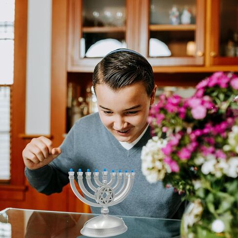 The Dreidel Company Mini Electric Menorah Traditional LED Travel Menora, Batteries or USB Powered, Micro USB 4' Cable Included (Blue) in Kuwait