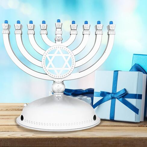 The Dreidel Company Mini Electric Menorah Traditional LED Travel Menora, Batteries or USB Powered, Micro USB 4' Cable Included (Blue) in Kuwait
