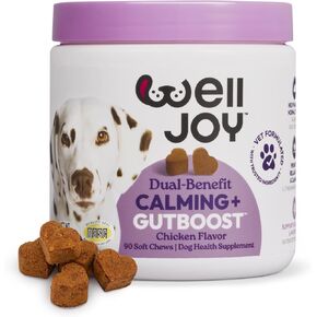 ملحق WellJoy للكلاب المهدئ + GutBoost | ملحق صحة الكلب | يعزز الاسترخاء والهدوء | تركيبة GutBoost ثنائية الفائدة | تركيبة بيطرية | صنع في الولايات المتحدة الأمريكية | نكهة الدجاج | 90 مضغة ناعمة in Kuwait