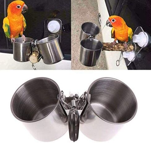 Feeding Bowl Birding Supplies Stainless Steel Parrot Feeder Pet Food Cup Bird Food Cup(Double) in Saudi Arabia