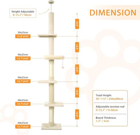 Floor to Ceiling Cat Tree, Cat Tower with Adjustable Height 98-110 Inches, 5 Tiers Tall Cat Tree Floor to Ceiling with Cozy Bed,Platforms, Sisal Scratching Posts for Cats Gray in Saudi Arabia